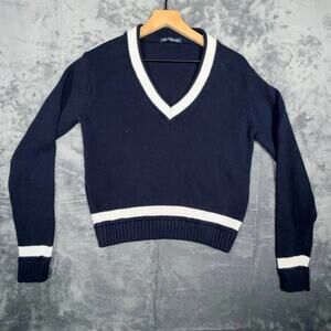 Brandy Melville Women V Neck Sweater Navy Blue White Stripe Long Sleeve Pullover